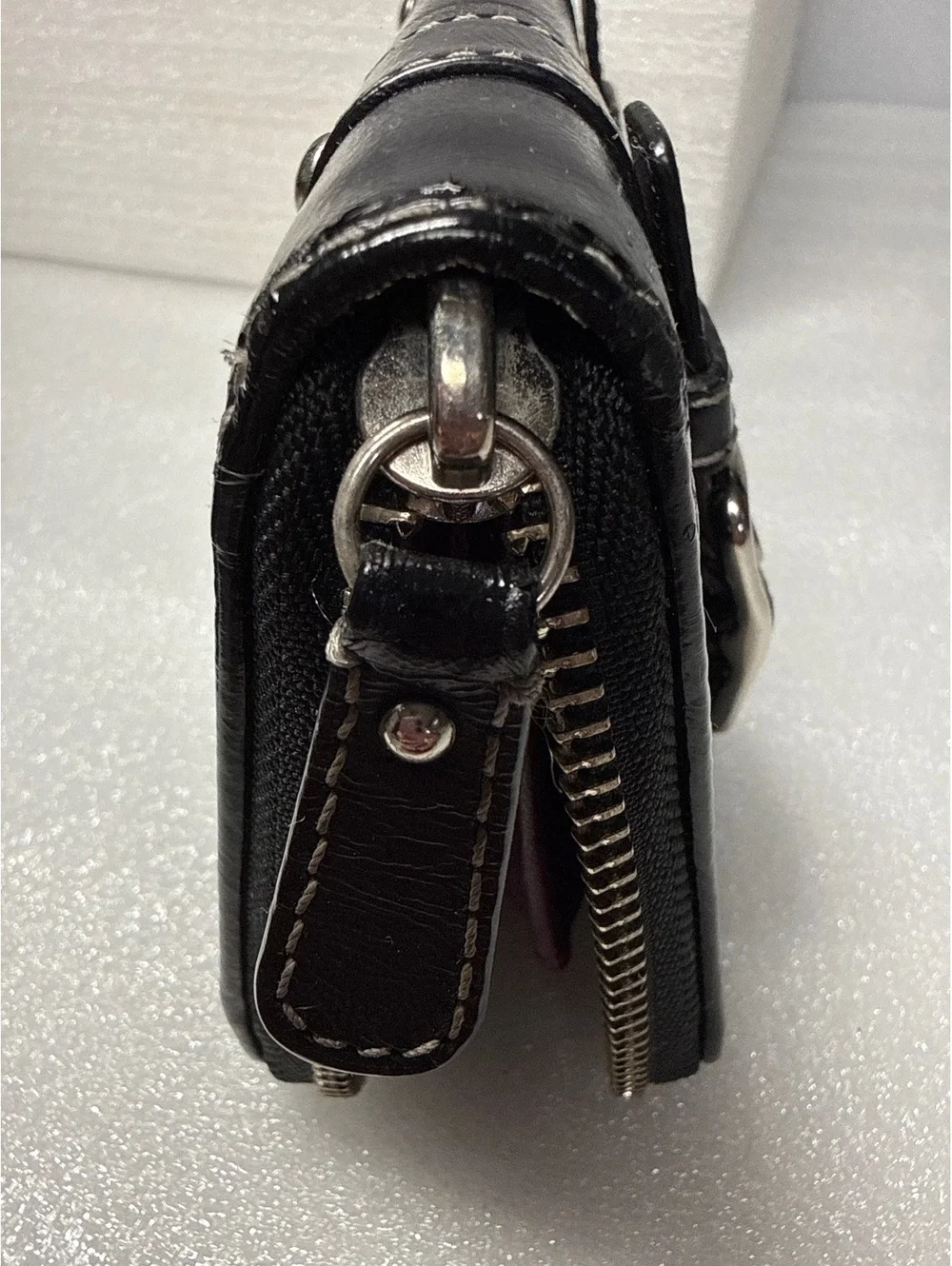Coach Black Patent Leather Zip Around Wallet Buckle Accent Purple Interior